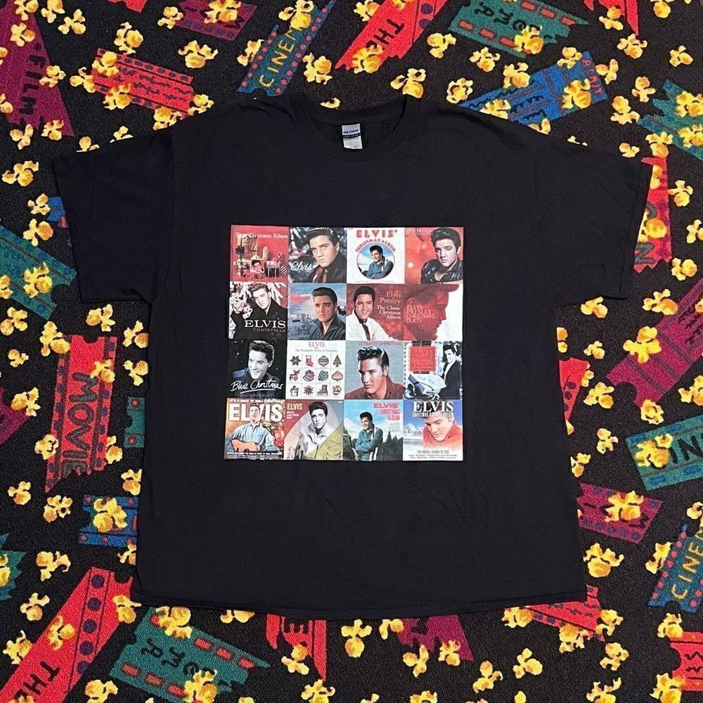 Elvis Presley Christmas Albums Collage Black Graphic Tee Shirt / Size XL